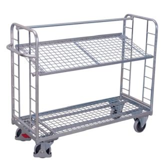 Shelf transport trolley with 2 mesh shelves galvanized