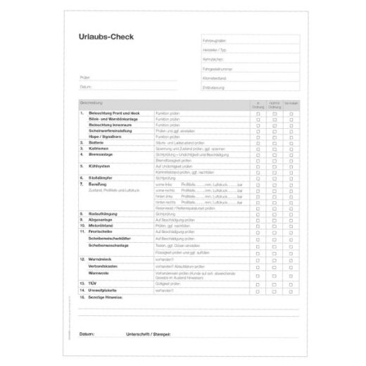 Block Formular Urlaubs-Check Werkstatt 50 Stück